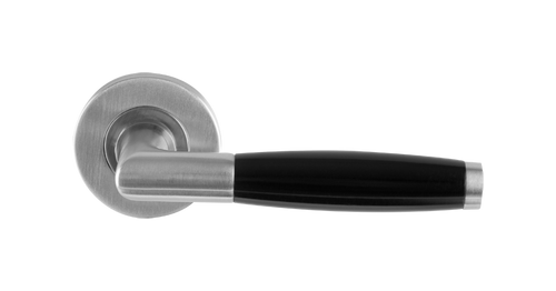 Massief RVS Deurklink jaren 30 - op rond rozet geveerd - per paar - merk In-Door